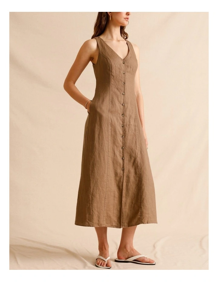 European Linen V-Neck Midi Dress in Light Brown image 2