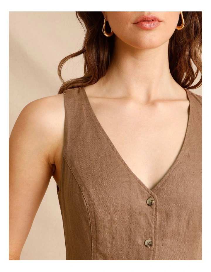 European Linen V-Neck Midi Dress in Light Brown image 3