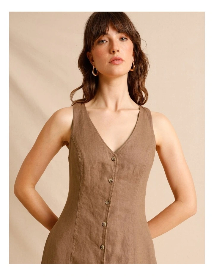 European Linen V-Neck Midi Dress in Light Brown image 4
