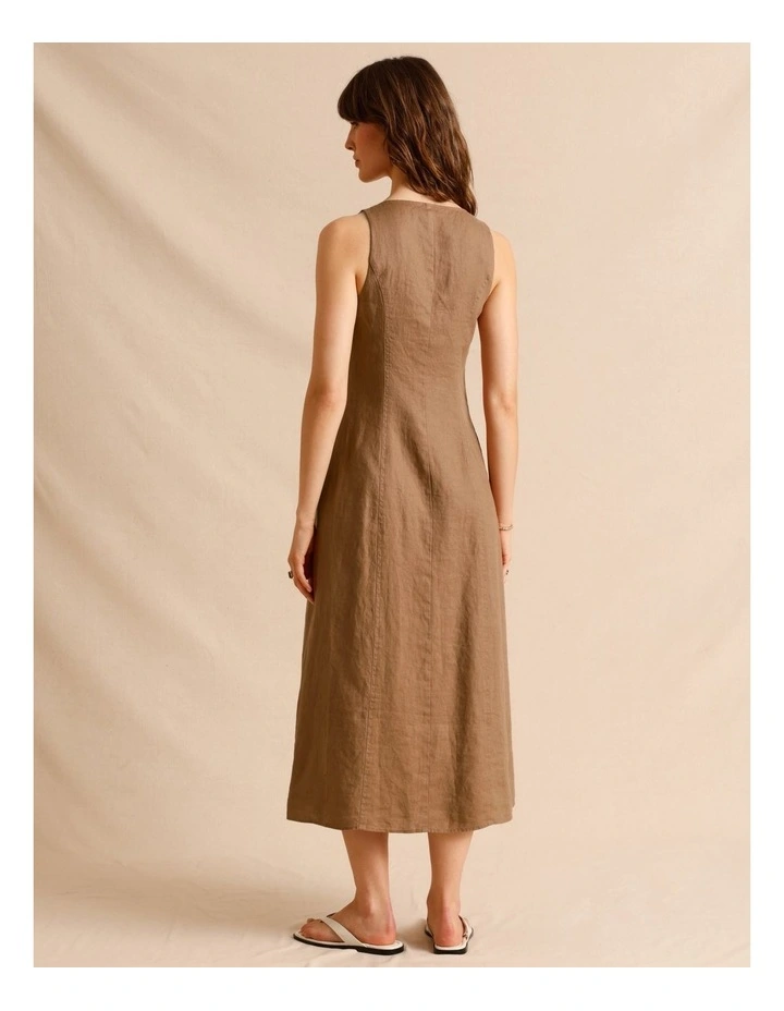 European Linen V-Neck Midi Dress in Light Brown image 5