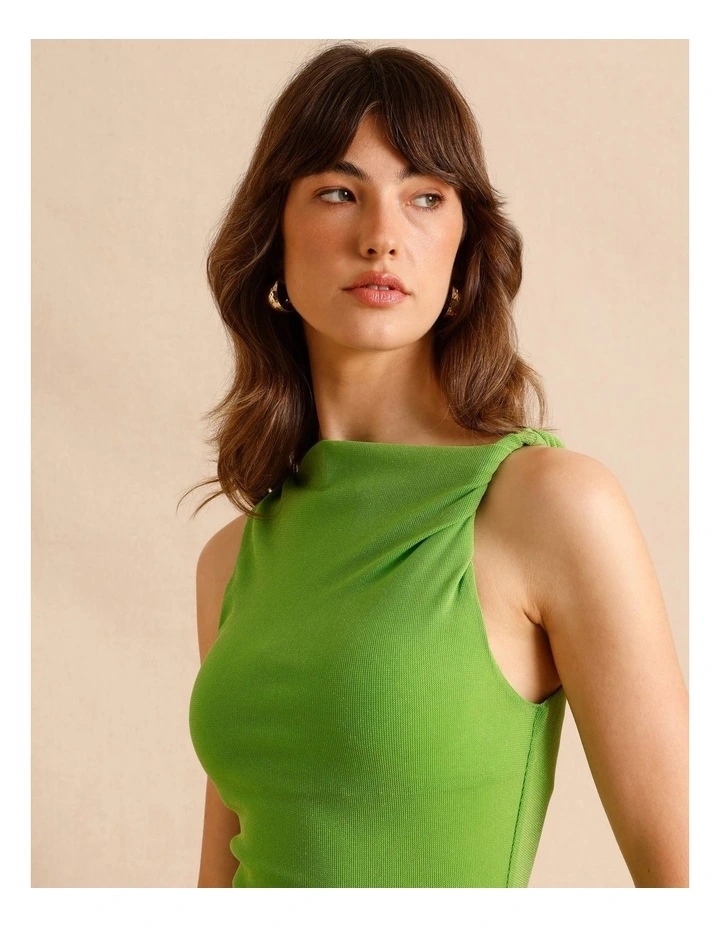 Twist Shoulder Lurex Mini Dress in Green image 2