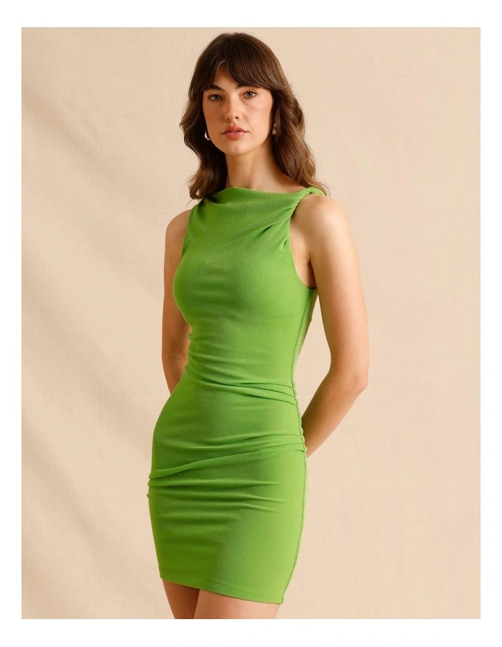 Twist Shoulder Lurex Mini Dress in Green image 5