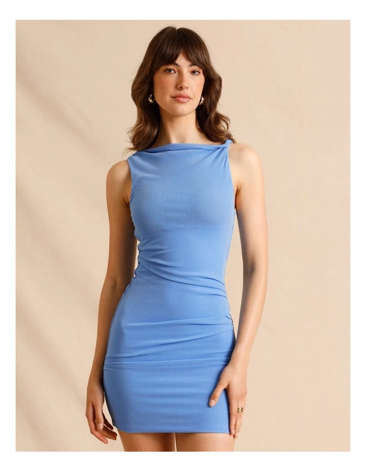 Twist Shoulder Lurex Mini Dress in Blue image 1