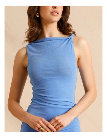 Twist Shoulder Lurex Mini Dress in Blue