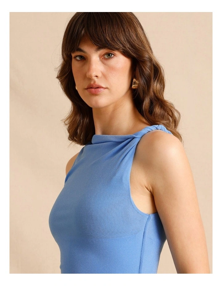 Twist Shoulder Lurex Mini Dress in Blue image 4