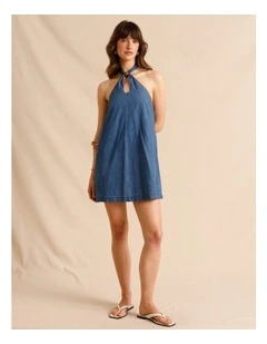 Chambray Halter Mini Dress in Blue