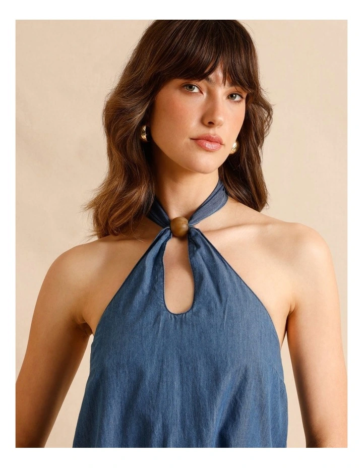 Chambray Halter Mini Dress in Blue image 2