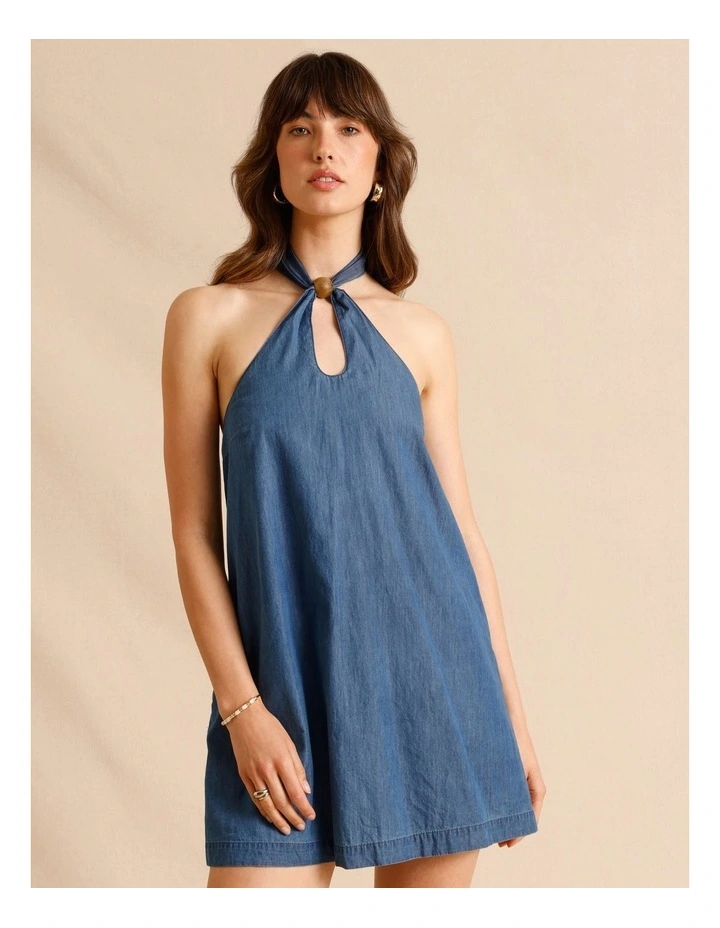 Chambray Halter Mini Dress in Blue image 3