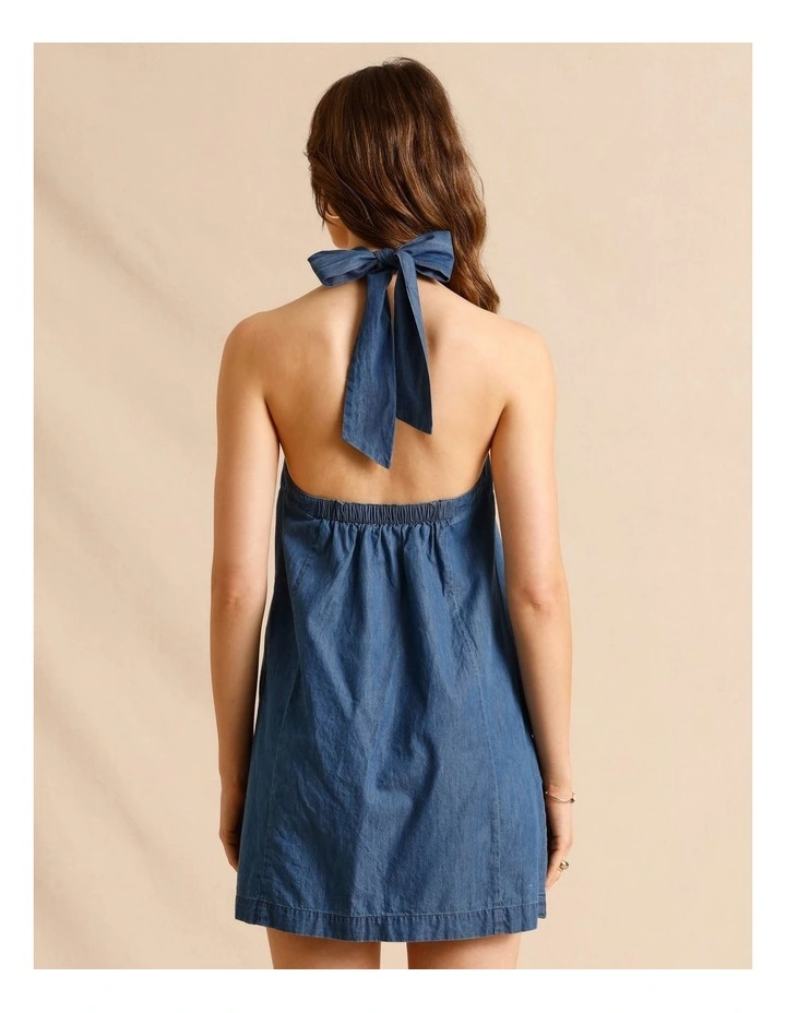 Chambray Halter Mini Dress in Blue image 4