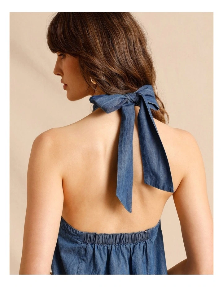 Chambray Halter Mini Dress in Blue image 5
