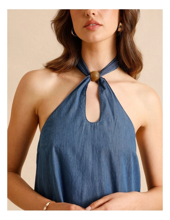 Chambray Halter Mini Dress in Blue image 6