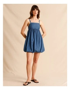 Chambray Bubble Hem Mini Dress in Blue