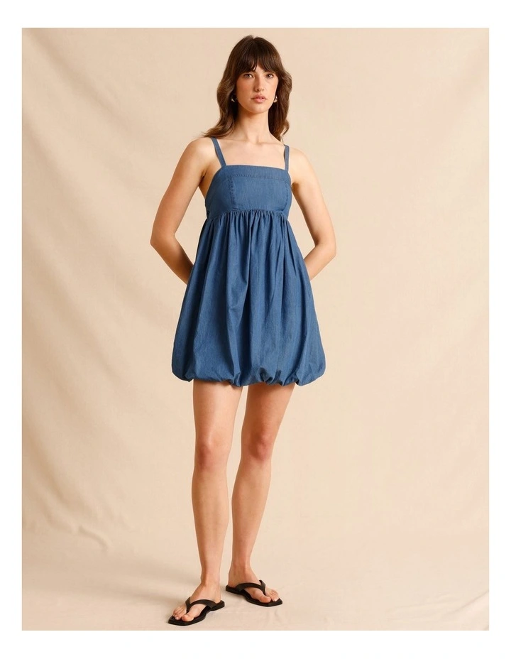 Chambray Bubble Hem Mini Dress in Blue image 1