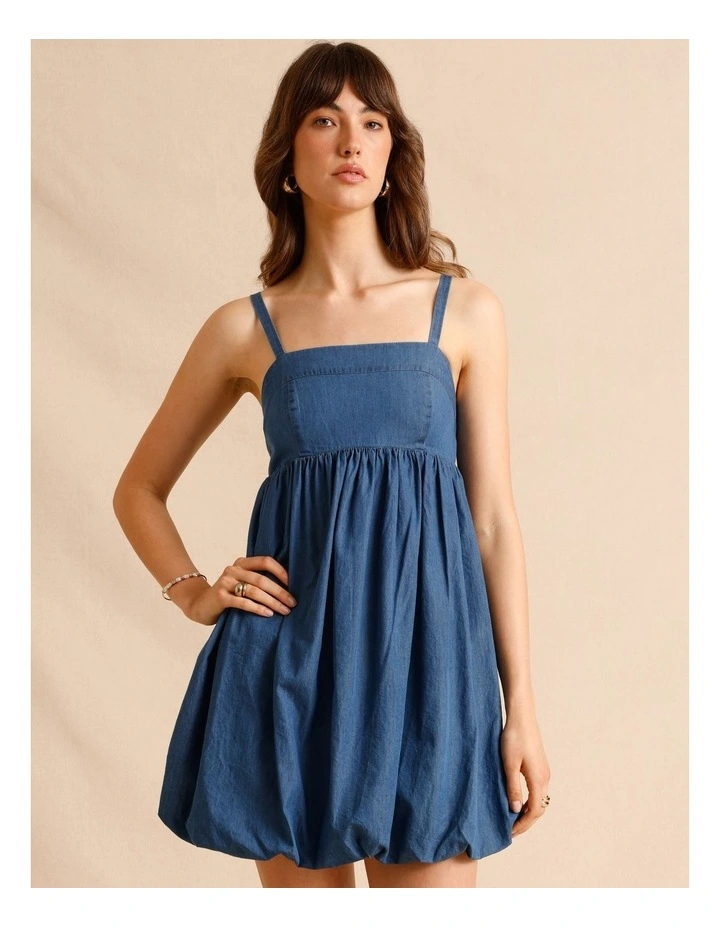 Chambray Bubble Hem Mini Dress in Blue image 2