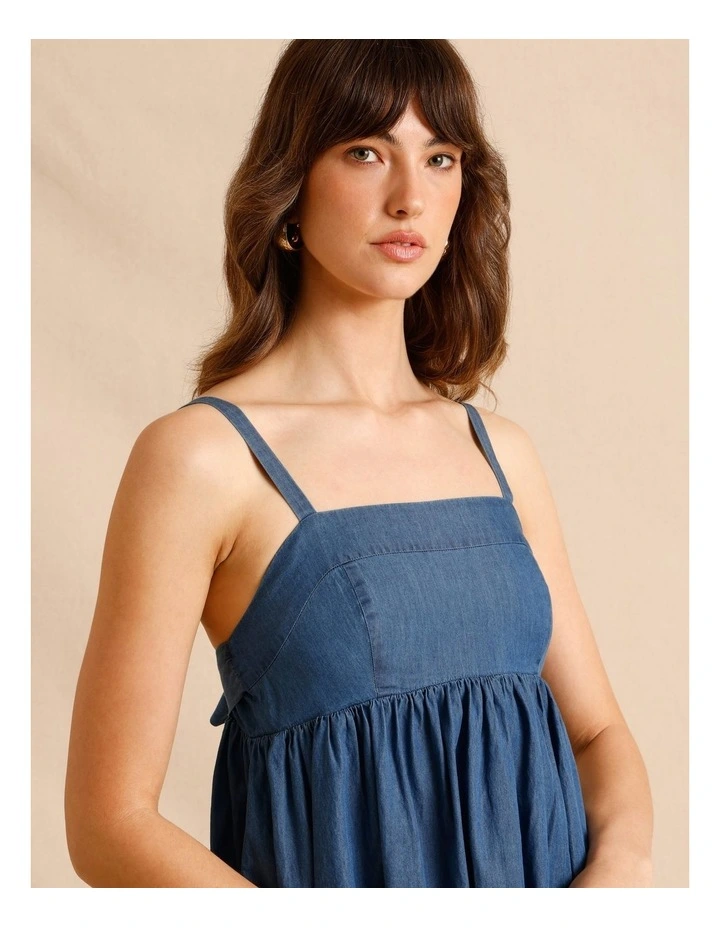 Chambray Bubble Hem Mini Dress in Blue image 3