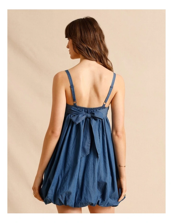Chambray Bubble Hem Mini Dress in Blue image 4