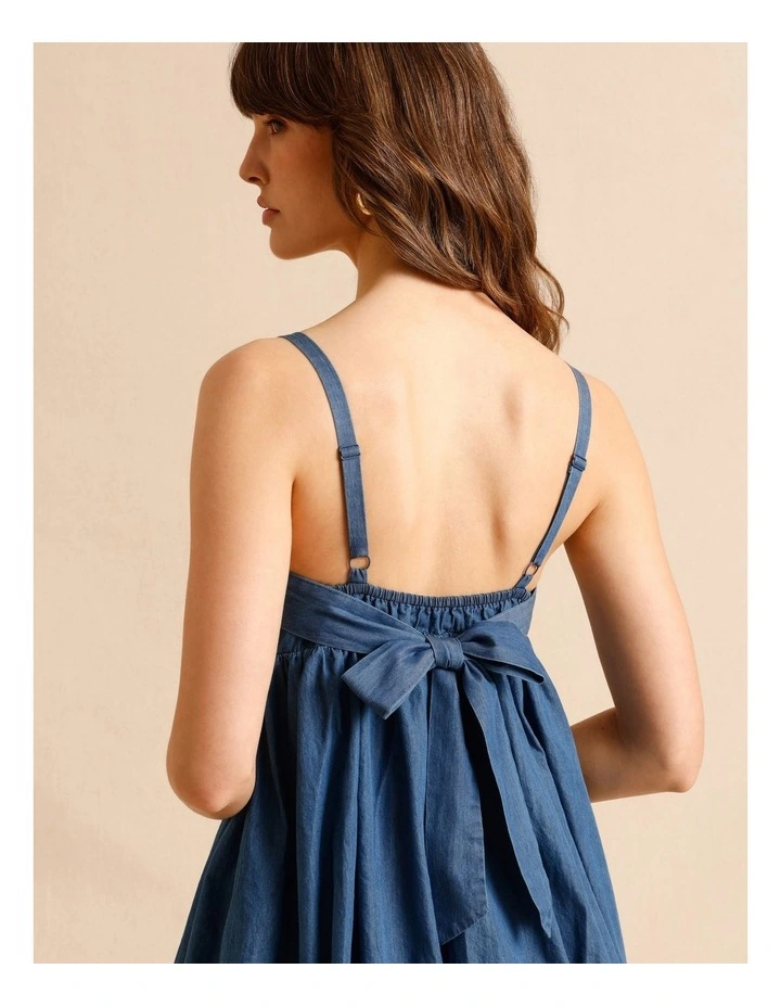 Chambray Bubble Hem Mini Dress in Blue image 6