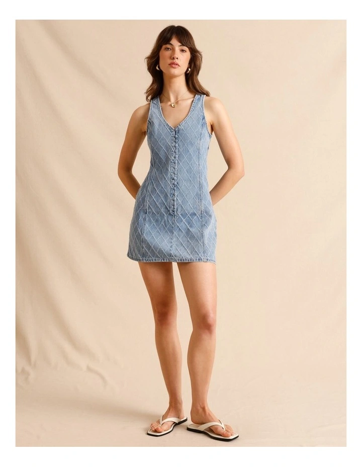 Textured Denim Button Front Mini Dress in Light Blue image 1