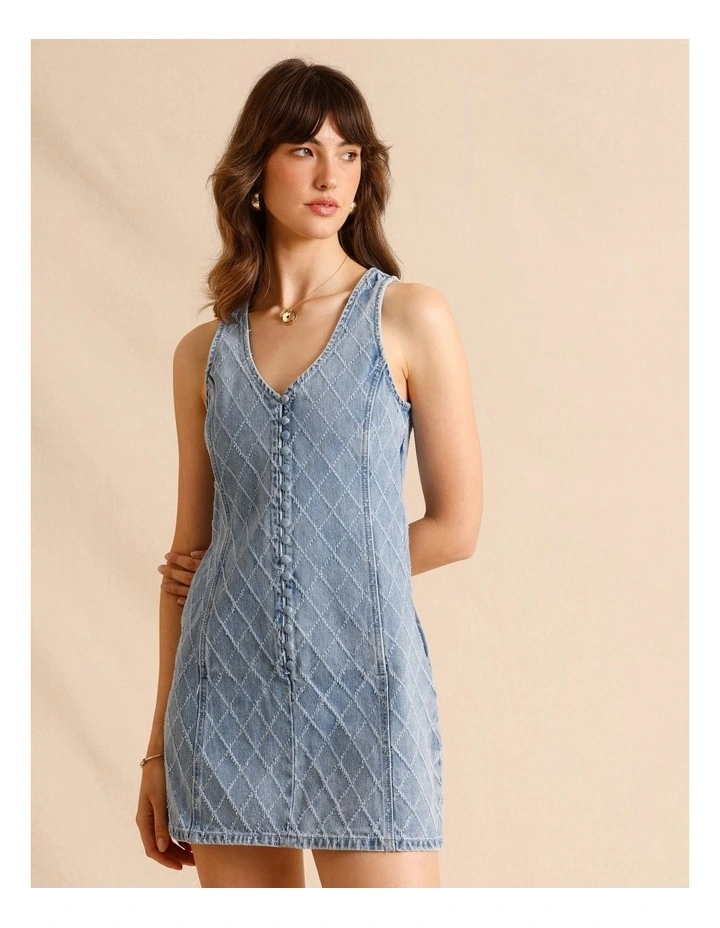 Textured Denim Button Front Mini Dress in Light Blue image 2