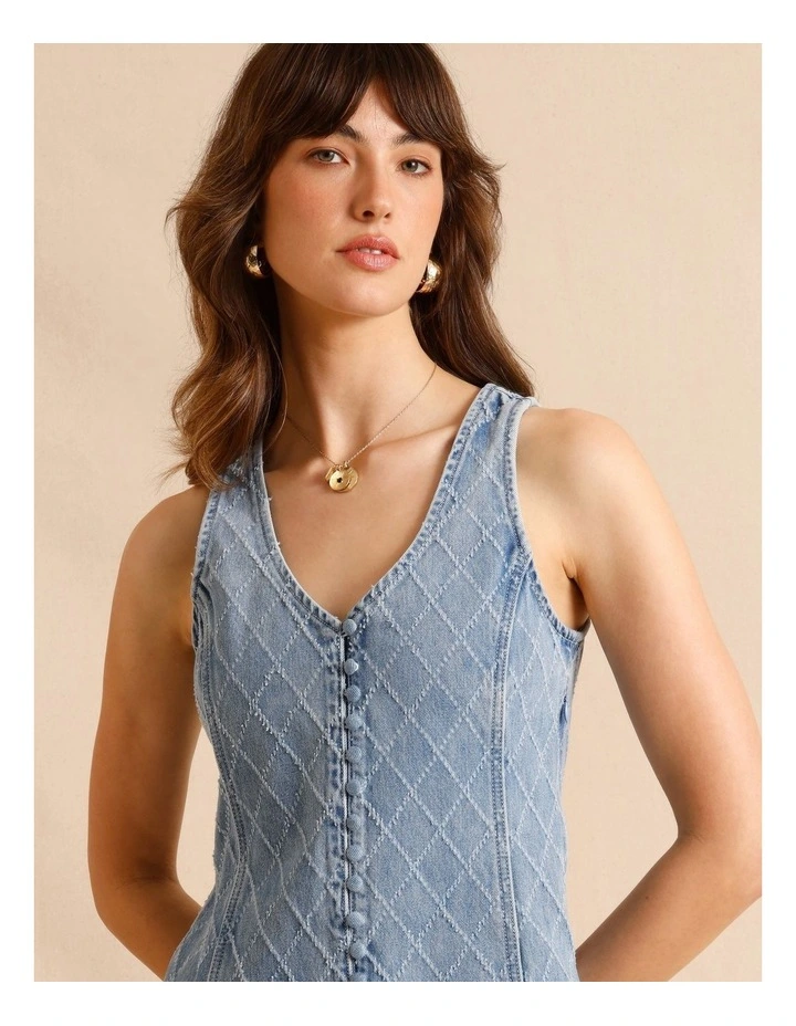 Textured Denim Button Front Mini Dress in Light Blue image 3