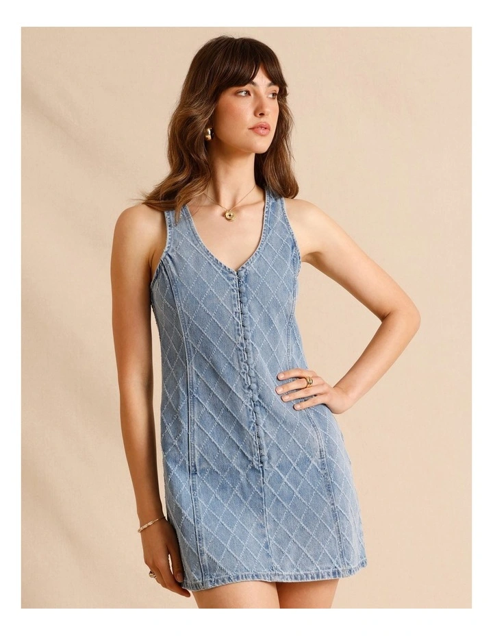Textured Denim Button Front Mini Dress in Light Blue image 4