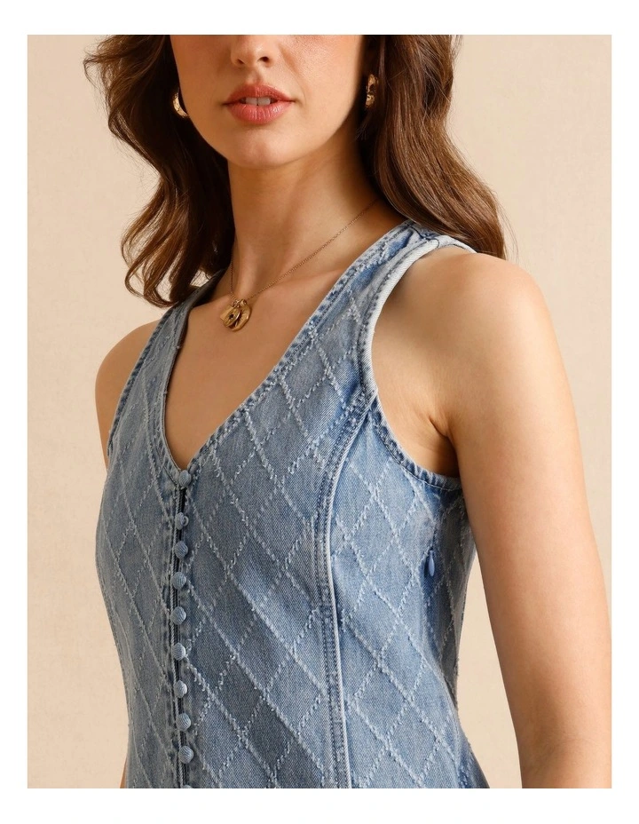 Textured Denim Button Front Mini Dress in Light Blue image 5