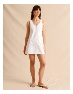 Textured Denim Button Front Mini Dress in White