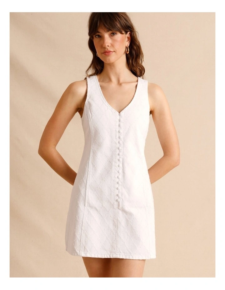 Textured Denim Button Front Mini Dress in White image 2
