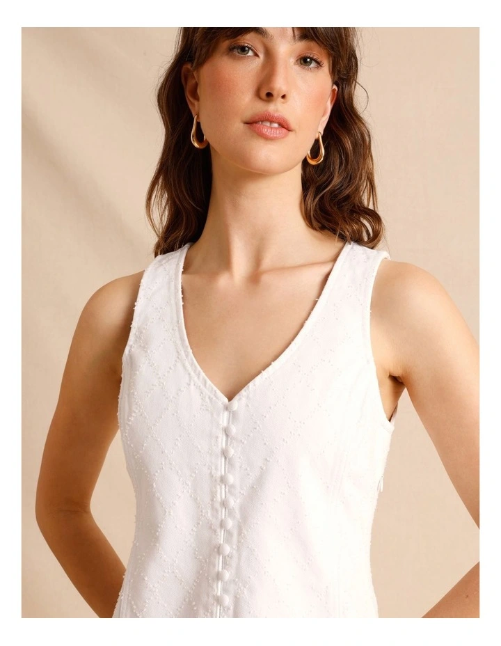 Textured Denim Button Front Mini Dress in White image 3