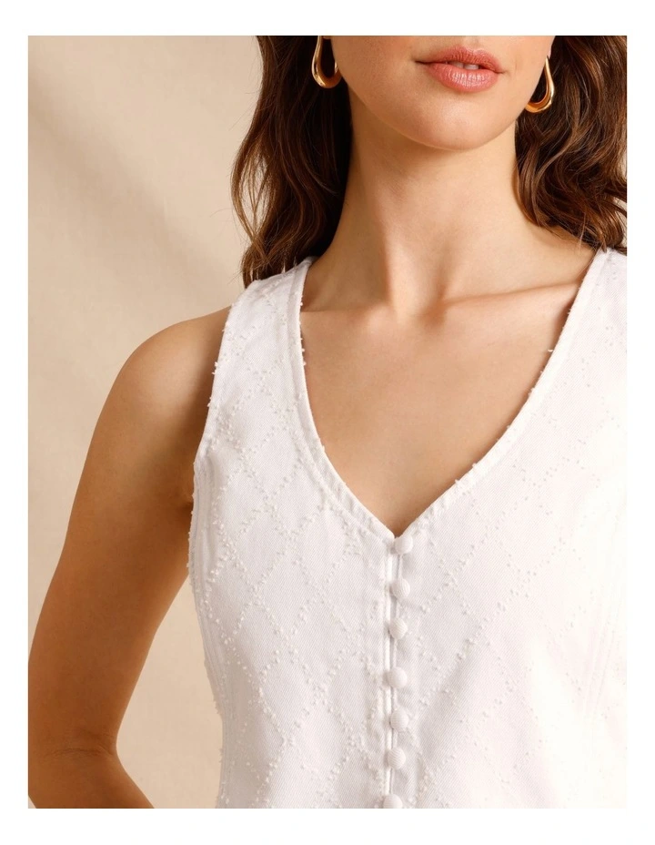 Textured Denim Button Front Mini Dress in White image 4