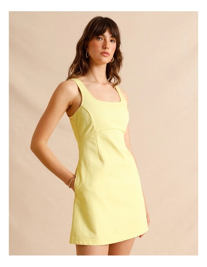 Recycled Cotton Blend Twill Square Neck Mini Dress in Lemon image 2