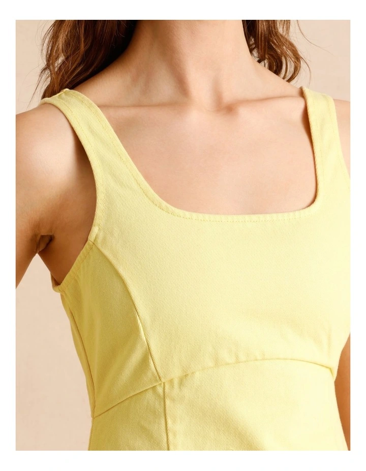 Recycled Cotton Blend Twill Square Neck Mini Dress in Lemon image 3