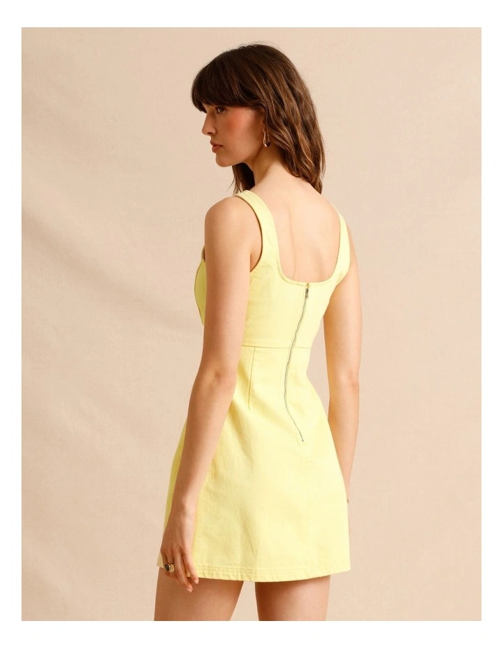 Recycled Cotton Blend Twill Square Neck Mini Dress in Lemon image 5