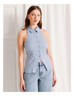 Poplin Halter Neck Sleeveless Shirt in Light Blue