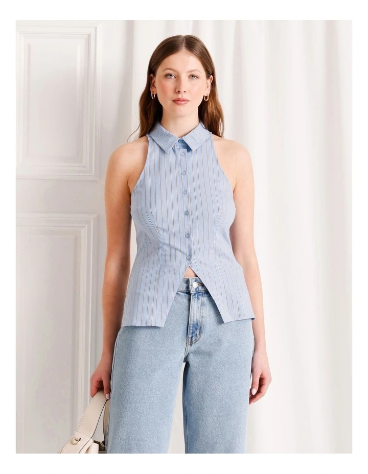 Poplin Halter Neck Sleeveless Shirt in Light Blue image 5