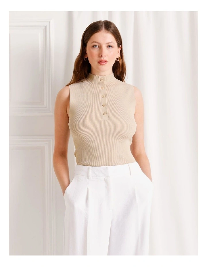 Sleeveless Button Rib Knit Tank in Stone image 1