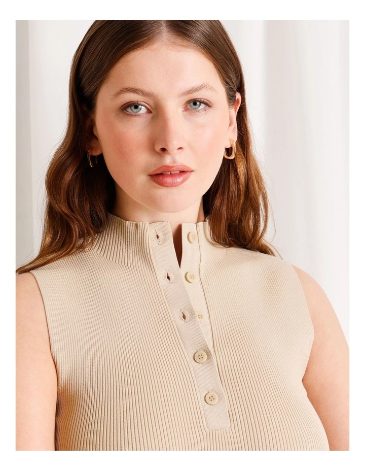 Sleeveless Button Rib Knit Tank in Stone image 2