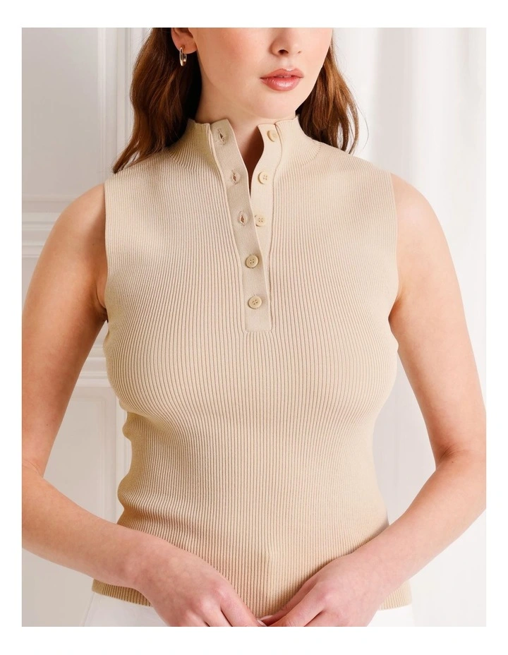 Sleeveless Button Rib Knit Tank in Stone image 3