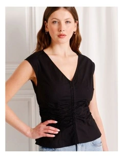 Gathered Detail Poplin Top in Black