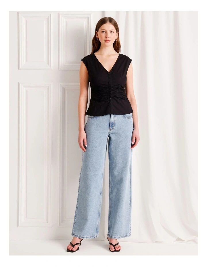 Gathered Detail Poplin Top in Black image 2