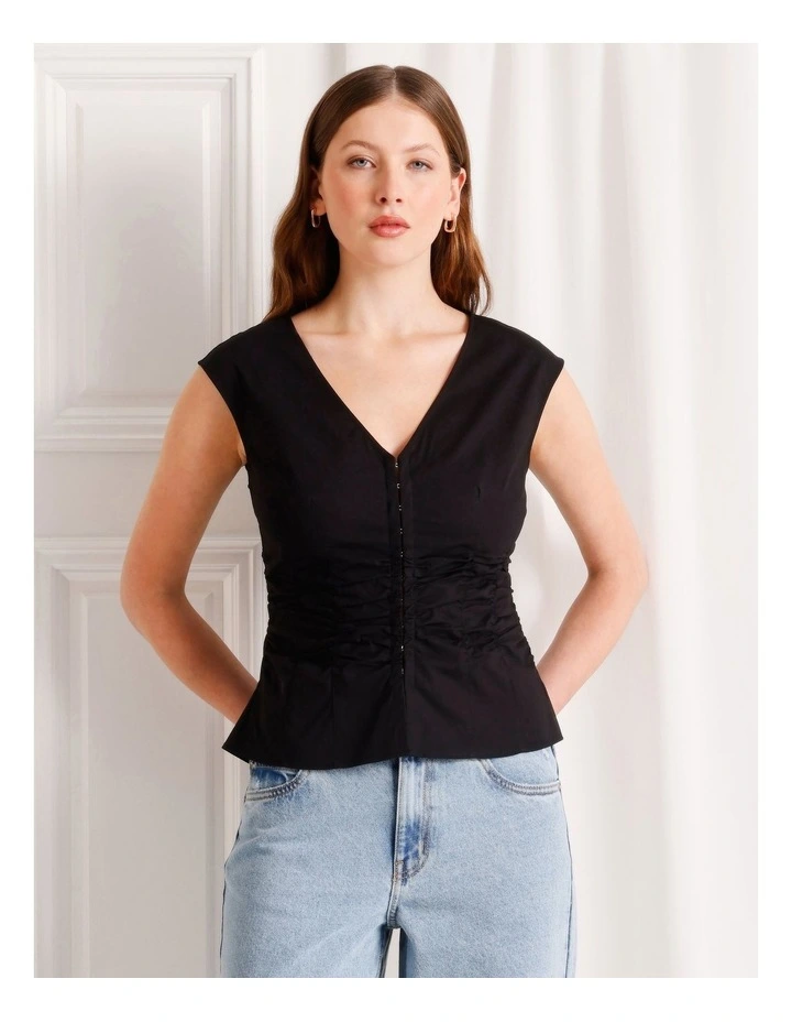 Gathered Detail Poplin Top in Black image 3