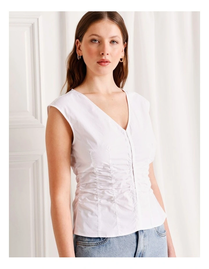 Gathered Detail Poplin Top in White image 3