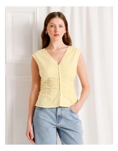 Gathered Detail Poplin Top in Light Yellow
