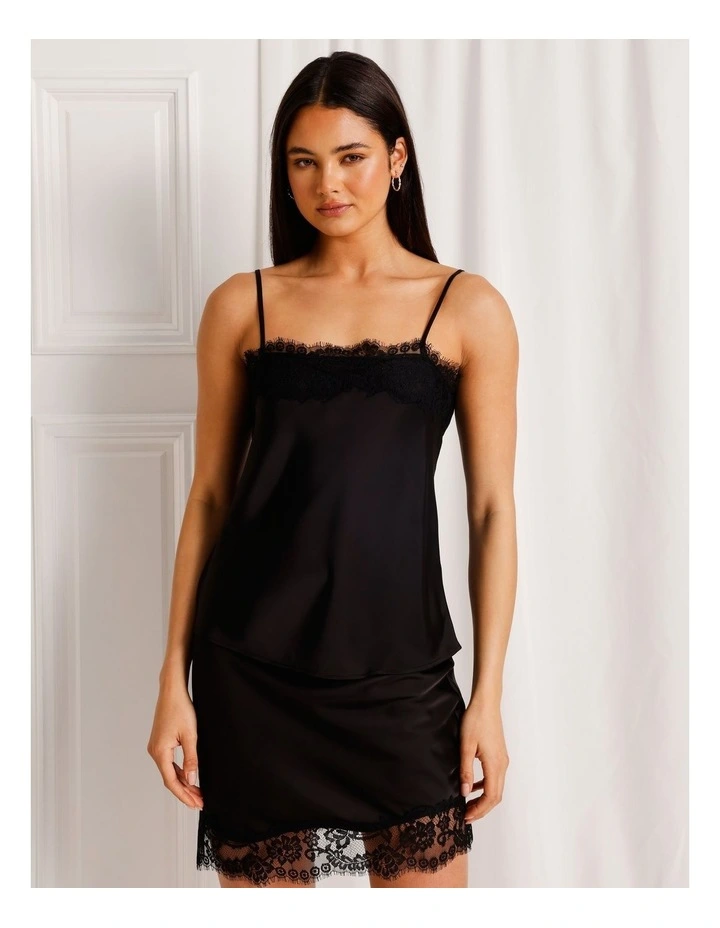 Satin Lace Trim Cami in Black image 1