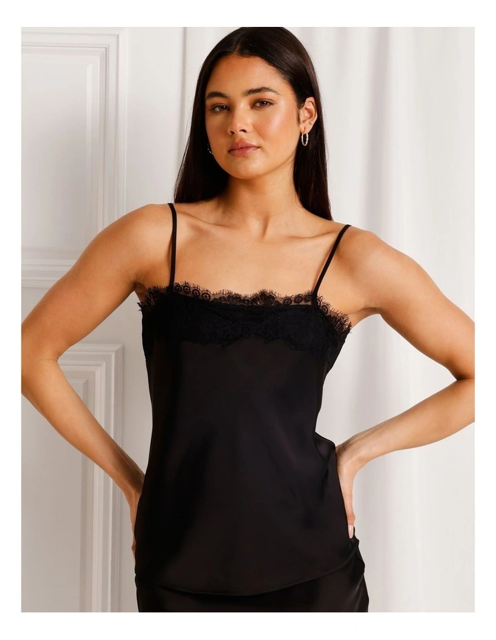 Satin Lace Trim Cami in Black image 4