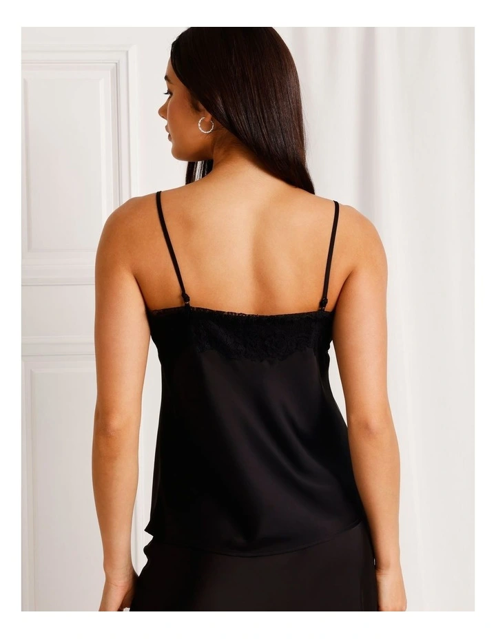 Satin Lace Trim Cami in Black image 5