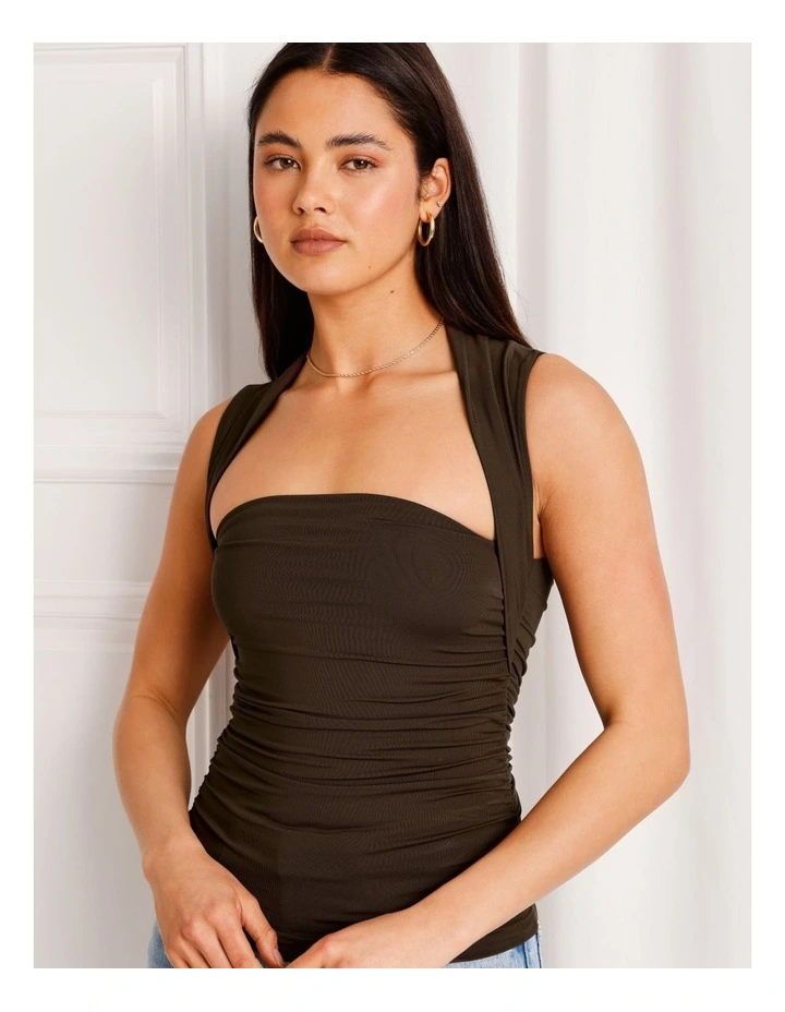 Ruched Square Neck Tank in Dark Brown image 1