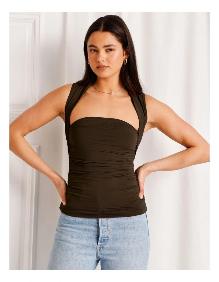 Ruched Square Neck Tank in Dark Brown image 5