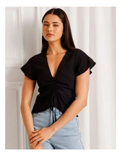 Ruched Detail Flutter Sleeve Top in Black