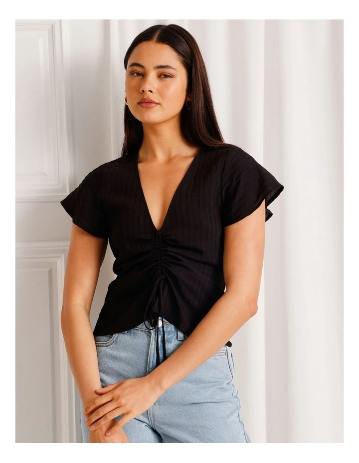 Ruched Detail Flutter Sleeve Top in Black image 1